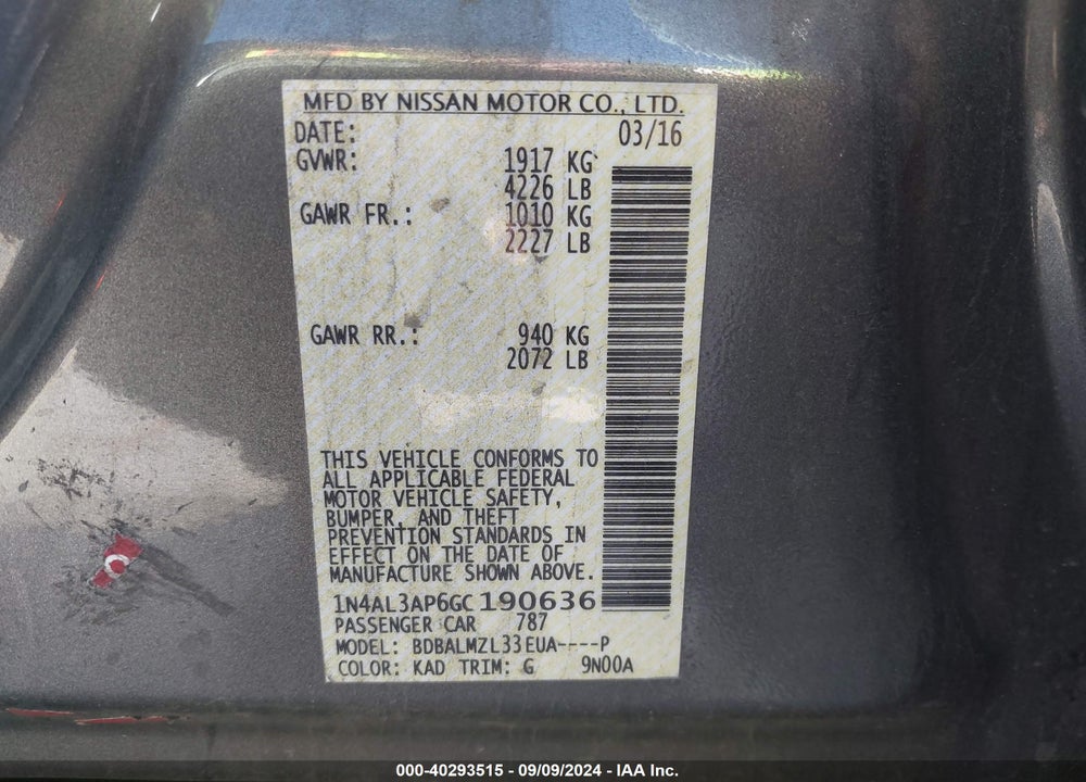 2016 NISSAN ALTIMA 2.5 SV VIN: 1N4AL3AP6GC190636