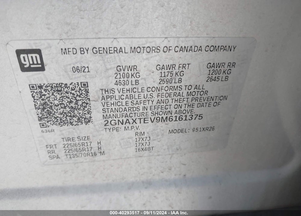 2021 CHEVROLET EQUINOX AWD 2FL VIN: 2GNAXTEV9M6161375