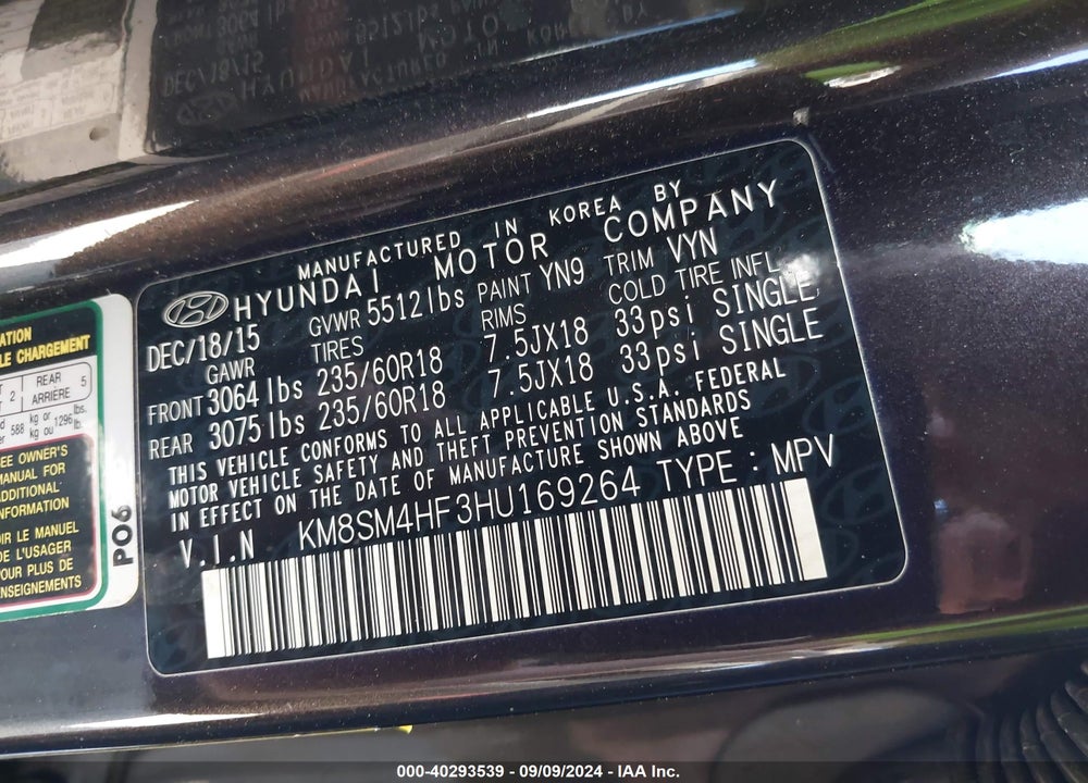 2017 HYUNDAI SANTA FE SE VIN: KM8SM4HF3HU169264