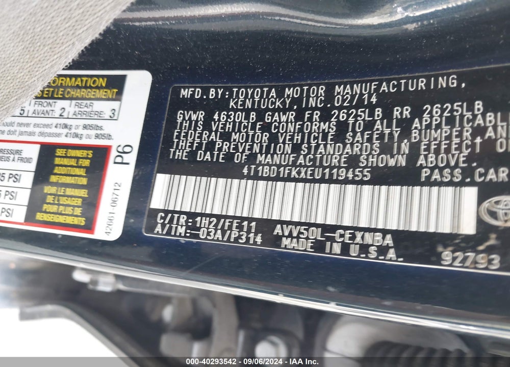 2014 TOYOTA CAMRY HYBRID LE VIN: 4T1BD1FKXEU119455