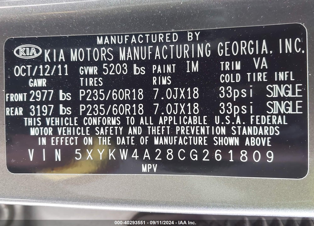2012 KIA SORENTO SX V6 VIN: 5XYKW4A28CG261809