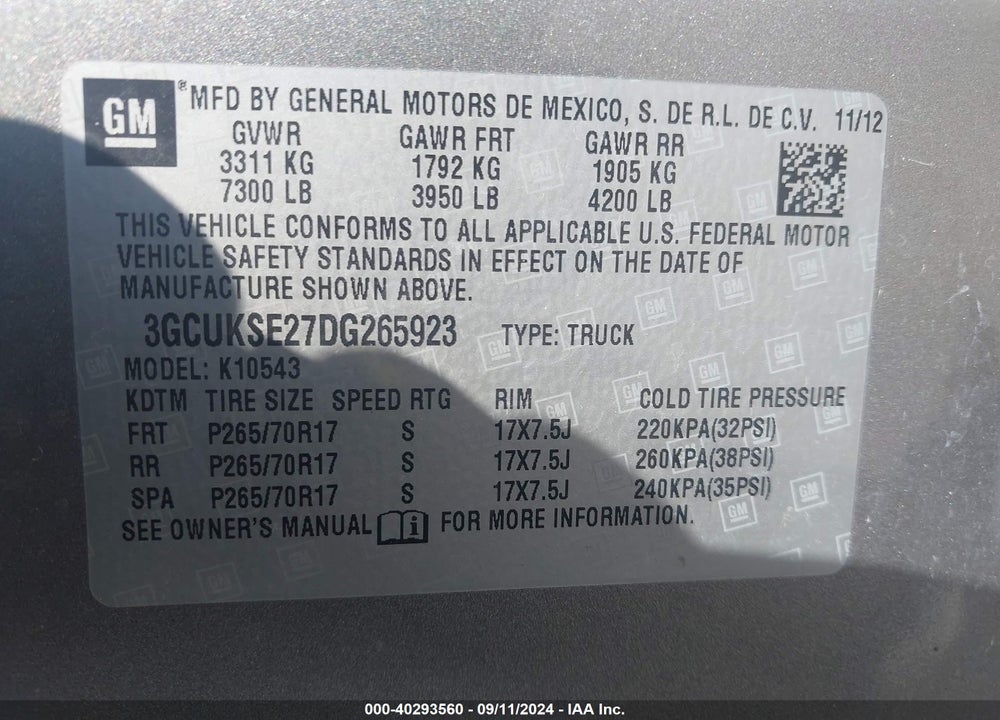 2013 CHEVROLET SILVERADO 1500 LT VIN: 3GCUKSE27DG265923
