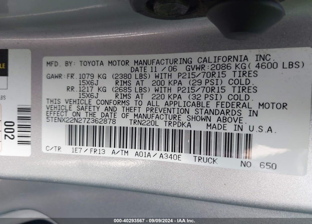 2007 TOYOTA TACOMA VIN: 5TENX22N27Z362878