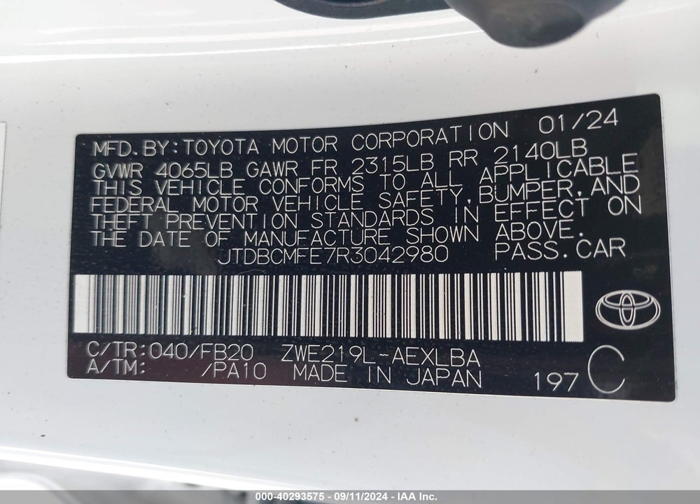 2024 TOYOTA COROLLA HYBRID LE VIN: JTDBCMFE7R3042980