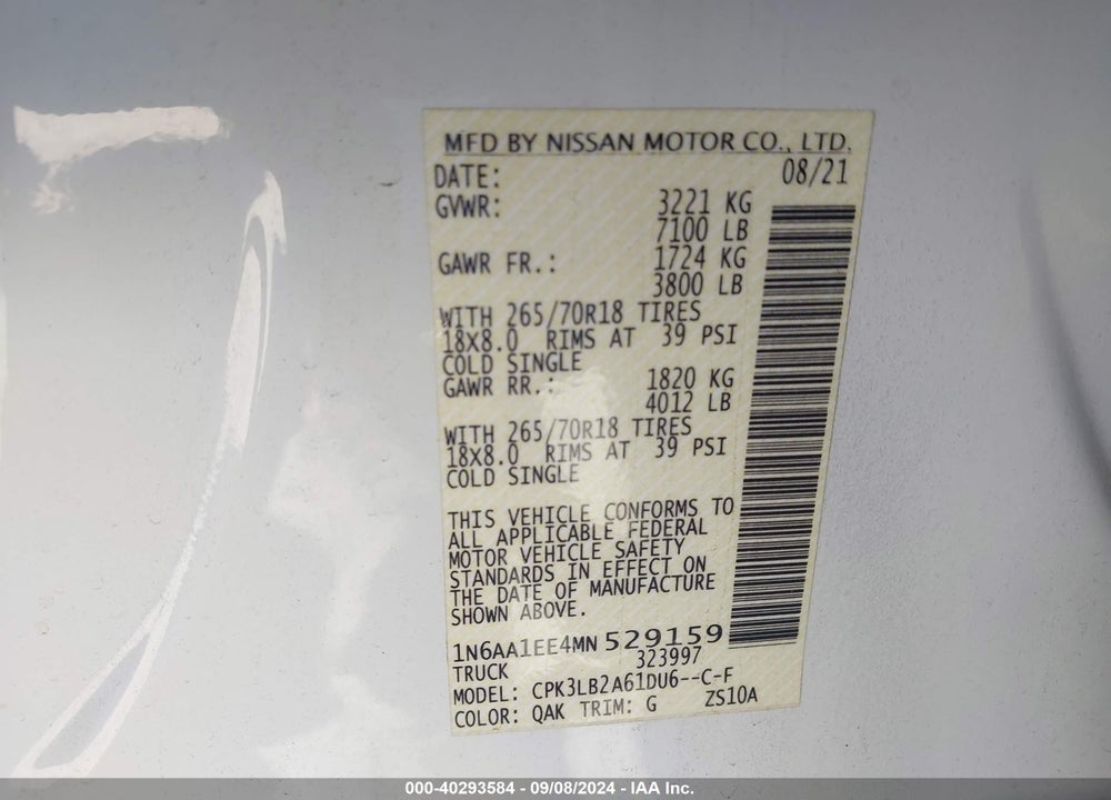 2021 NISSAN TITAN SV 4X2 VIN: 1N6AA1EE4MN529159