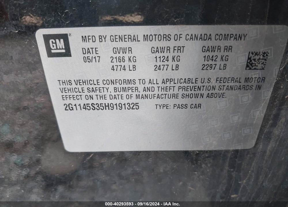 2017 CHEVROLET IMPALA 2LZ VIN: 2G1145S35H9191325