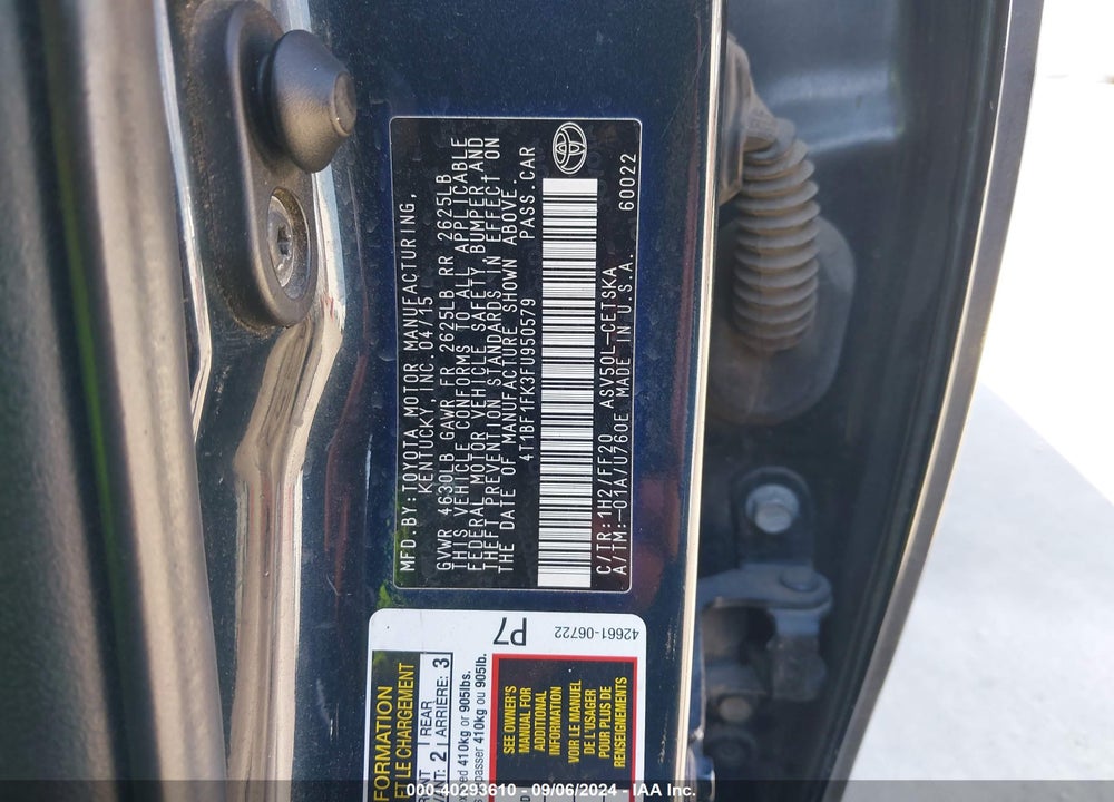 2015 TOYOTA CAMRY SE VIN: 4T1BF1FK3FU950579