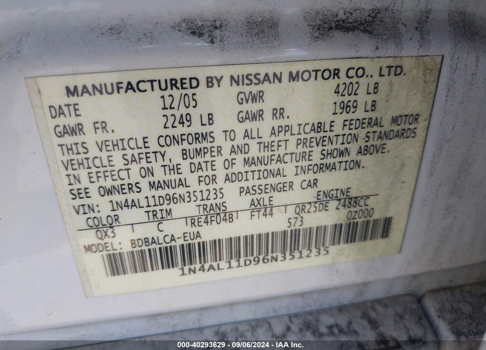 2006 NISSAN ALTIMA 2.5 S VIN: 1N4AL11D96N351235