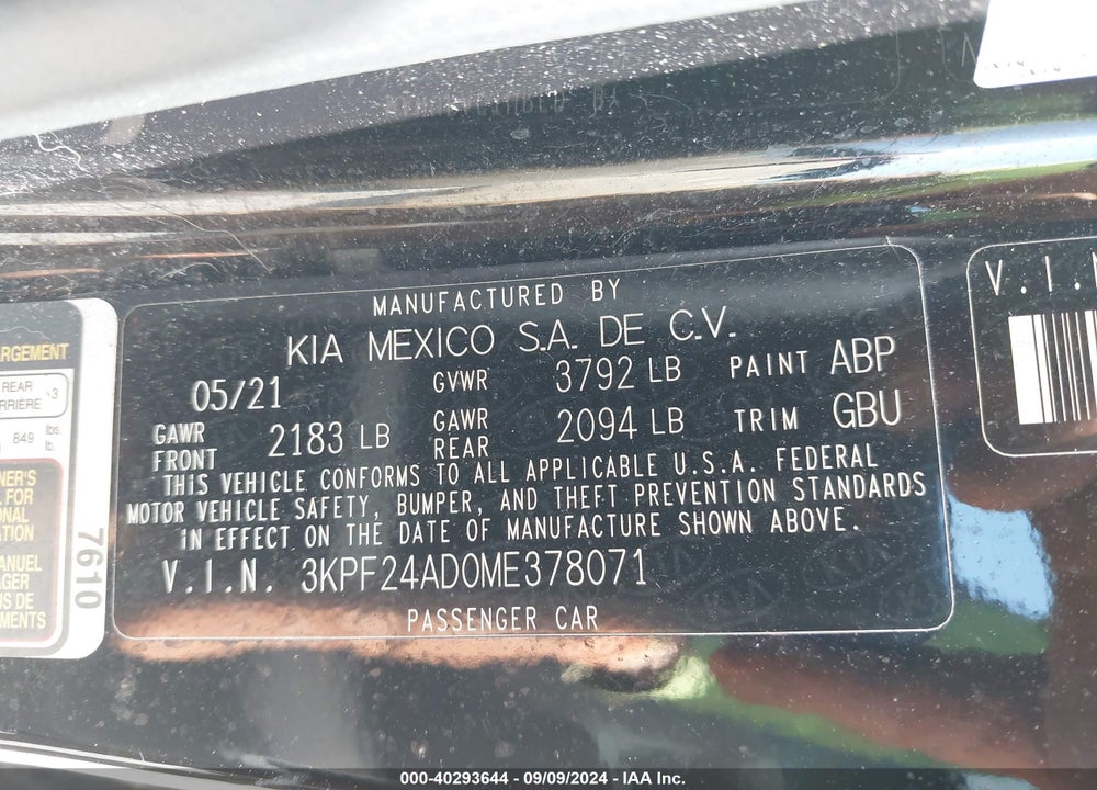 2021 KIA FORTE LXS VIN: 3KPF24AD0ME378071