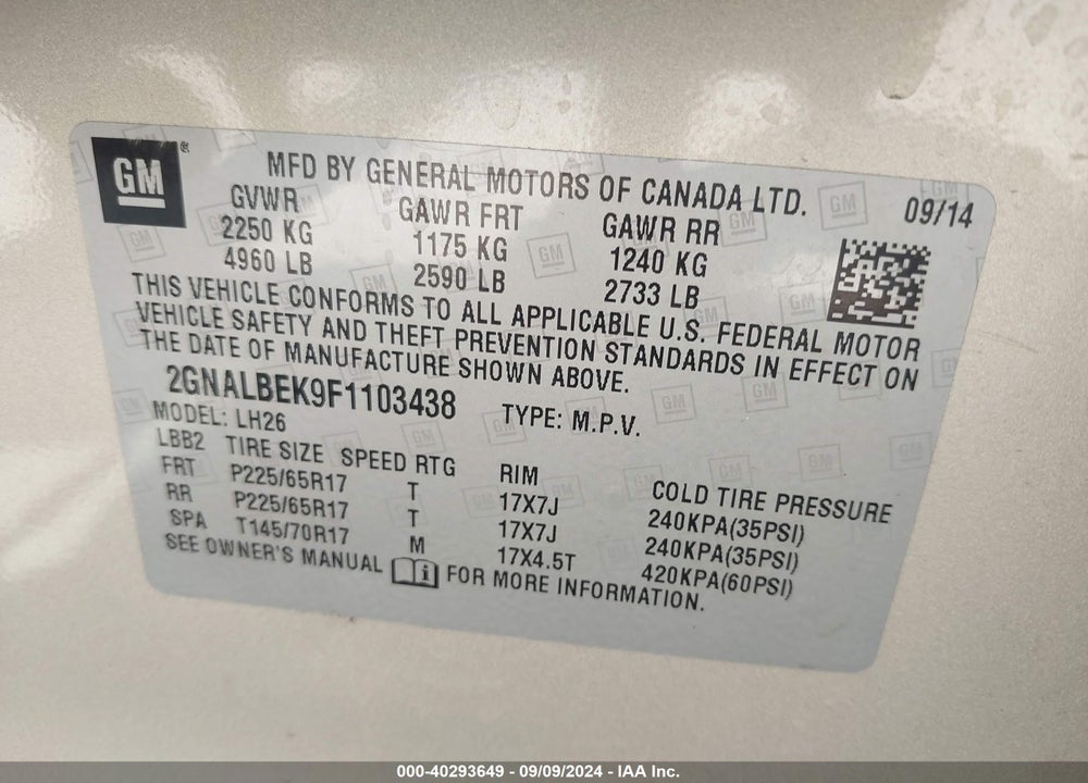 2015 CHEVROLET EQUINOX 1LT VIN: 2GNALBEK9F1103438