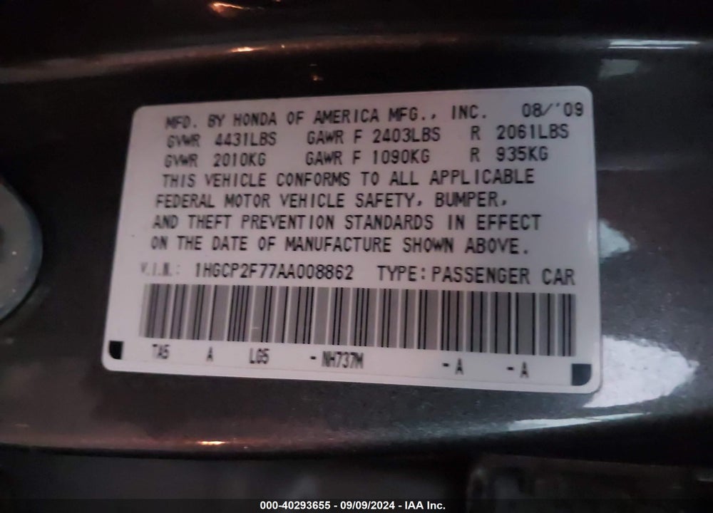 2010 HONDA ACCORD 2.4 EX VIN: 1HGCP2F77AA008862