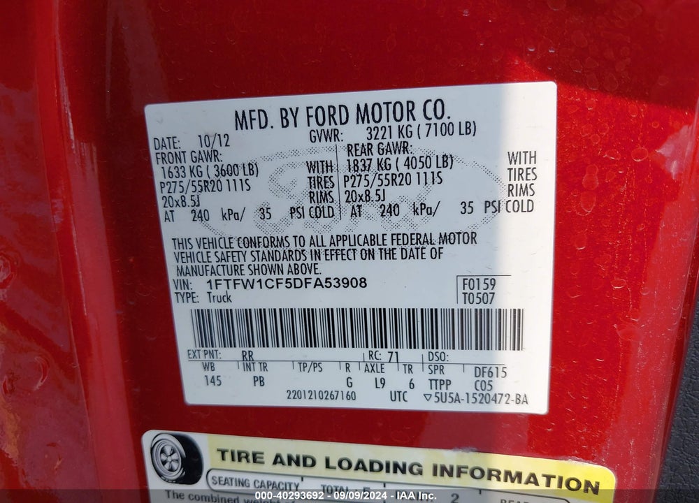 2013 FORD F-150 PLATINUM VIN: 1FTFW1CF5DFA53908