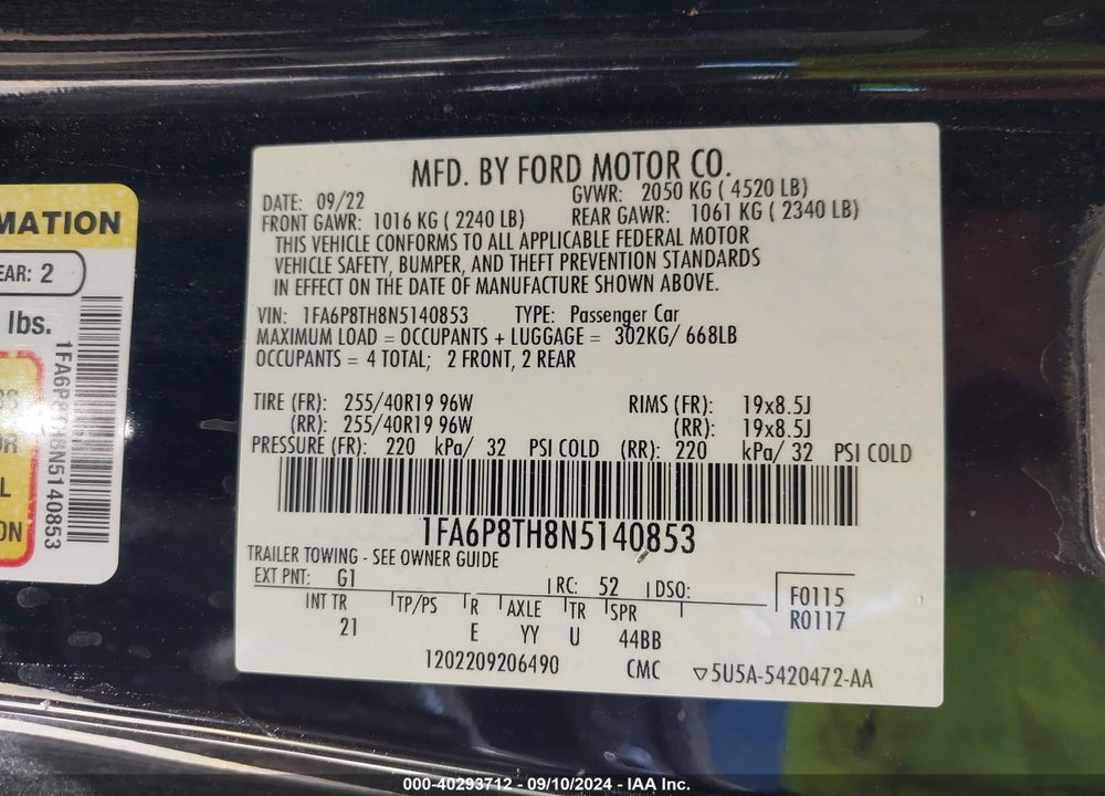 2022 FORD MUSTANG ECOBOOST FASTBACK VIN: 1FA6P8TH8N5140853
