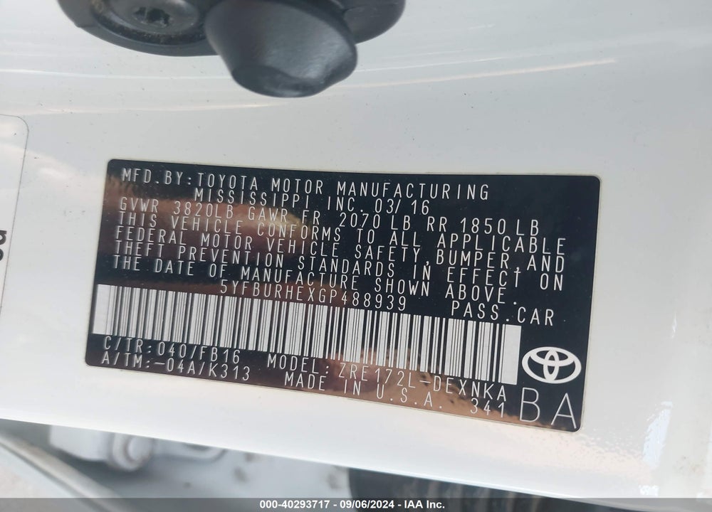 2016 TOYOTA COROLLA LE VIN: 5YFBURHEXGP488939