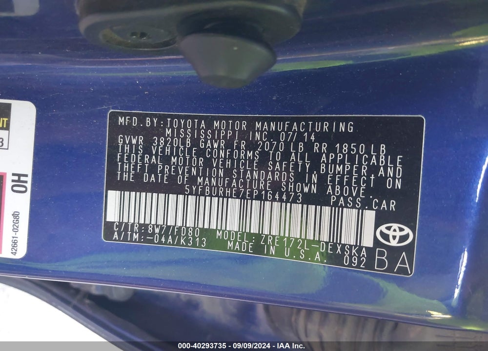 2014 TOYOTA COROLLA S PLUS VIN: 5YFBURHE7EP164473