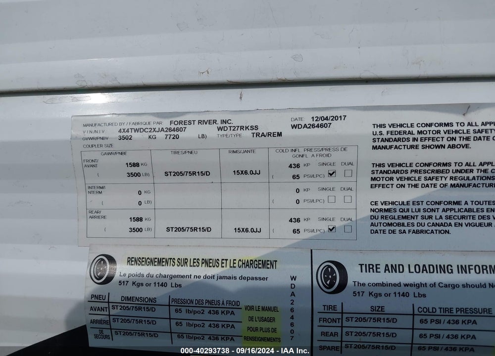 2018 FOREST RIVER OTHER VIN: 4X4TWDC2XJA264607