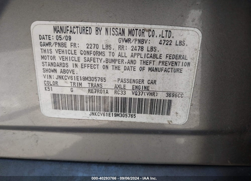2009 INFINITI G37 JOURNEY VIN: JNKCV61E19M305765