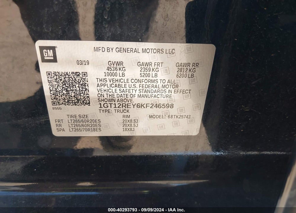 2019 GMC SIERRA 2500HD SLT VIN: 1GT12REY6KF246598