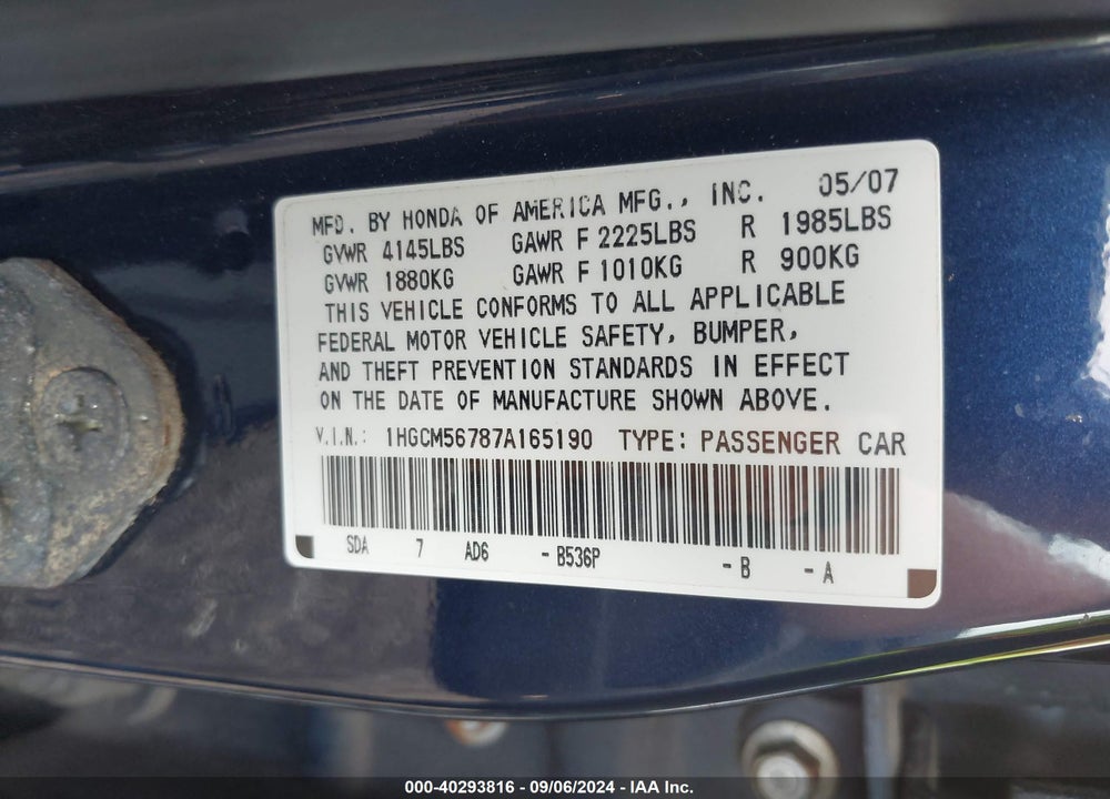2007 HONDA ACCORD 2.4 EX VIN: 1HGCM56787A165190