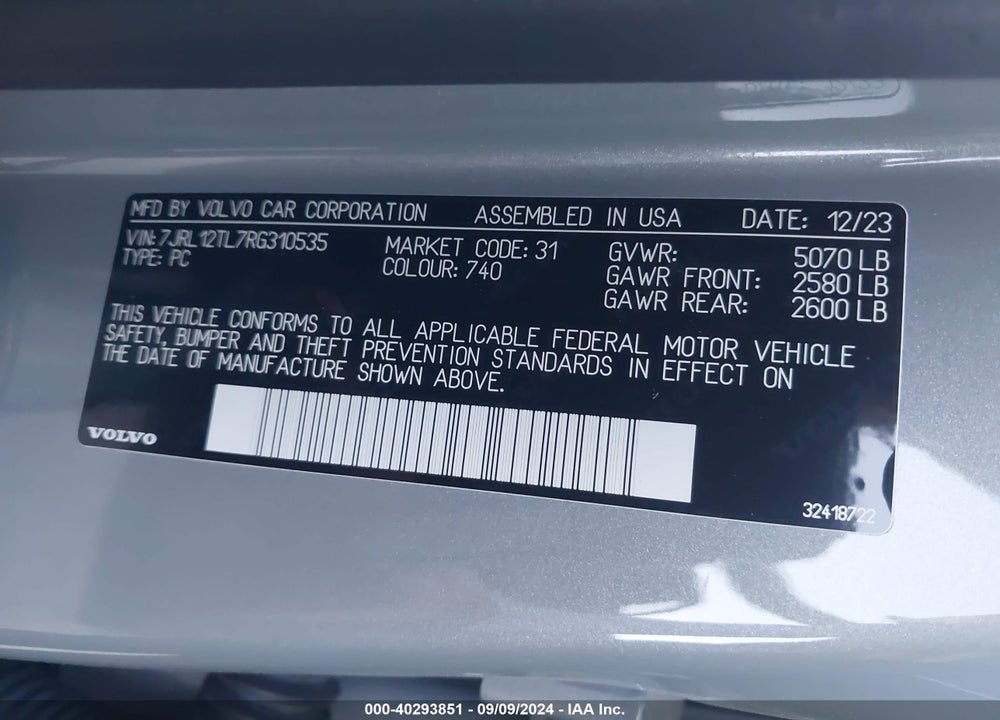 2024 VOLVO S60 B5 PLUS DARK THEME VIN: 7JRL12TL7RG310535