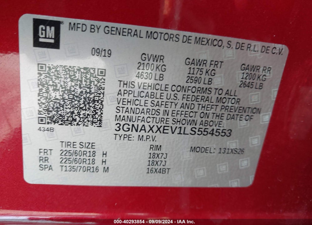 2020 CHEVROLET EQUINOX AWD PREMIER 1.5L TURBO VIN: 3GNAXXEV1LS554553