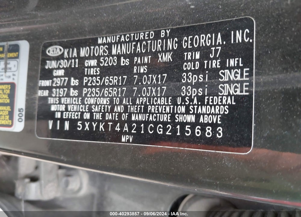2012 KIA SORENTO LX V6 VIN: 5XYKT4A21CG215683