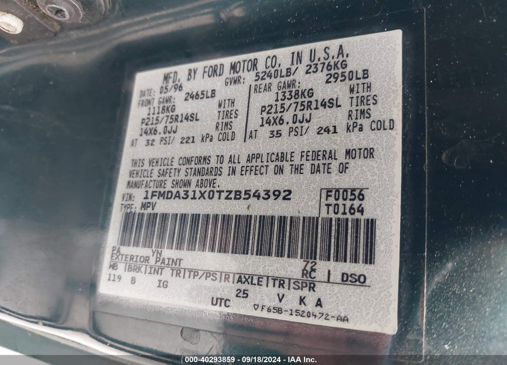 1996 FORD AEROSTAR VIN: 1FMDA31X0TZB54392