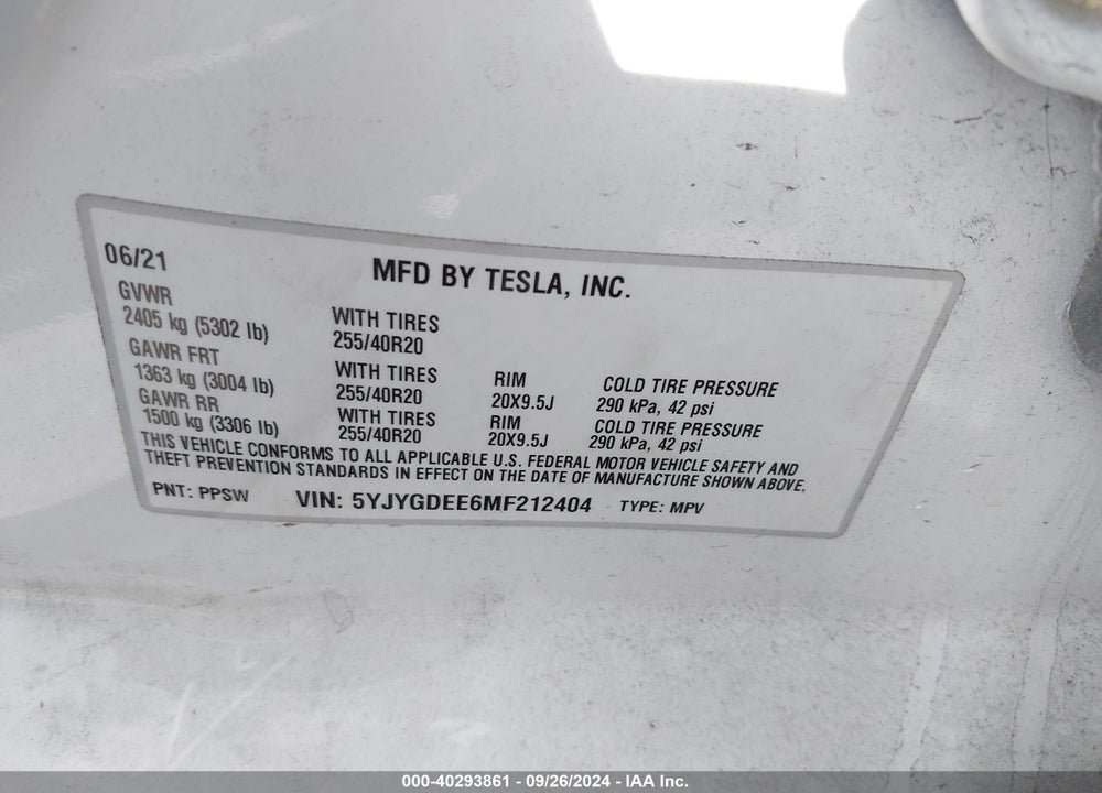 2021 TESLA MODEL Y LONG RANGE DUAL MOTOR ALL-WHEEL DRIVE VIN: 5YJYGDEE6MF212404