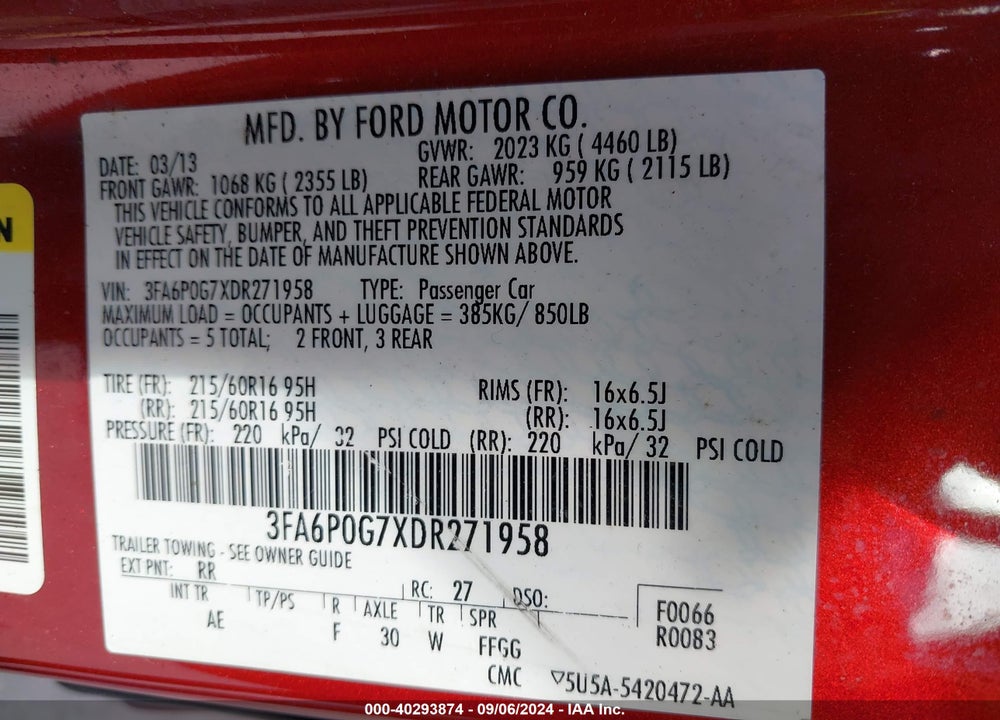 2013 FORD FUSION S VIN: 3FA6P0G7XDR271958