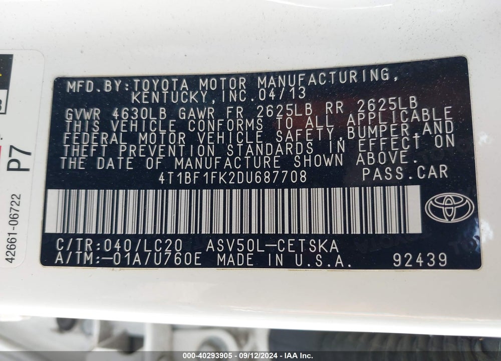2013 TOYOTA CAMRY SE VIN: 4T1BF1FK2DU687708