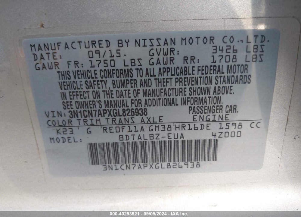 2016 NISSAN VERSA 1.6 S/1.6 S+/1.6 SL/1.6 SV VIN: 3N1CN7APXGL826938