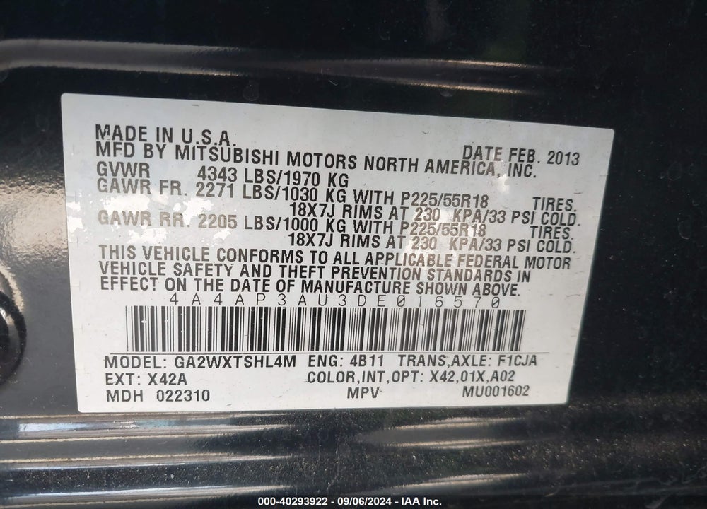 2013 MITSUBISHI OUTLANDER SPORT ES VIN: 4A4AP3AU3DE016570
