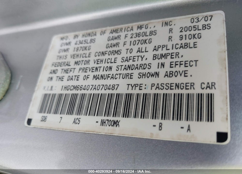 2007 HONDA ACCORD 3.0 SE VIN: 1HGCM66407A070487