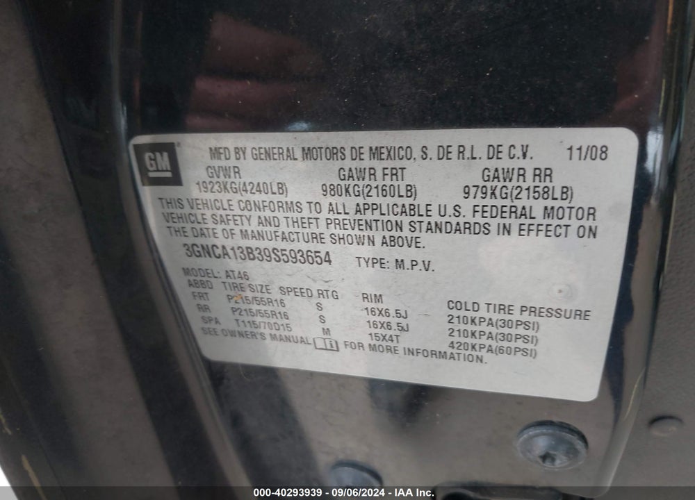 2009 CHEVROLET HHR LS VIN: 3GNCA13B39S593654