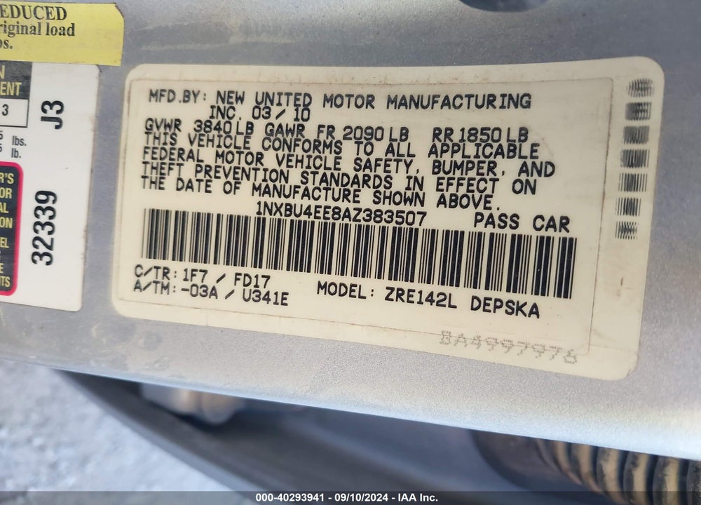 2010 TOYOTA COROLLA S VIN: 1NXBU4EE8AZ383507