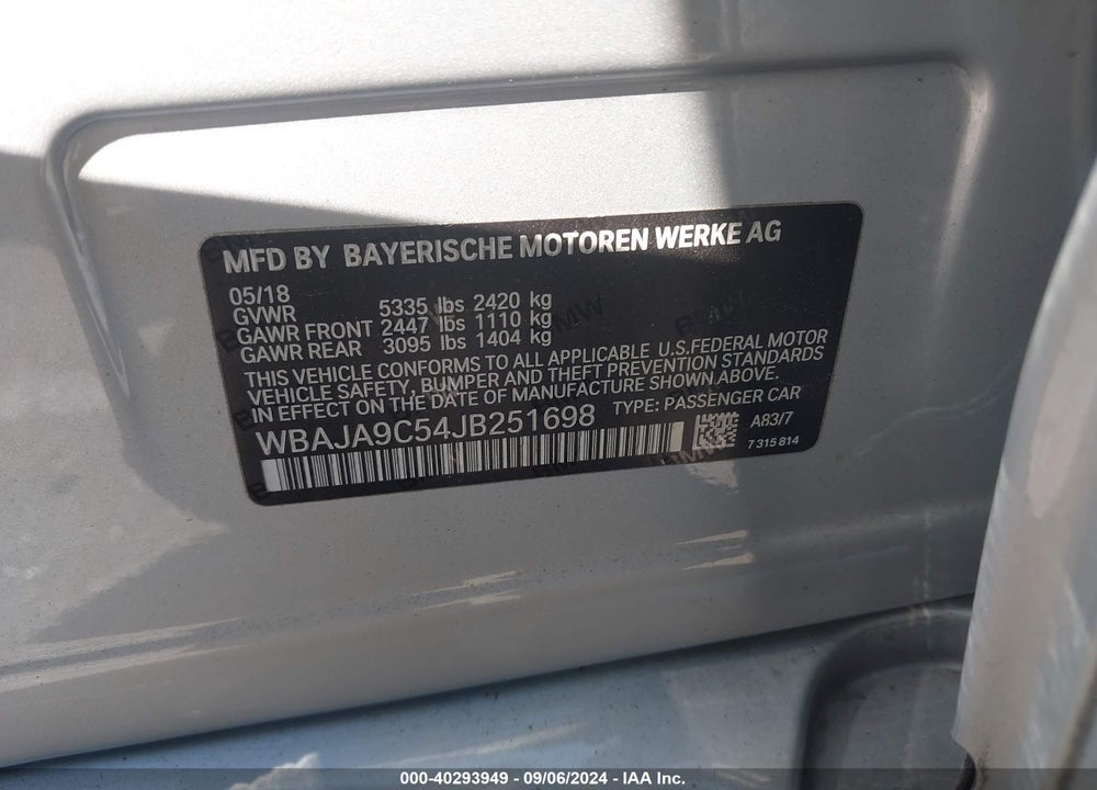 2018 BMW 530E IPERFORMANCE VIN: WBAJA9C54JB251698