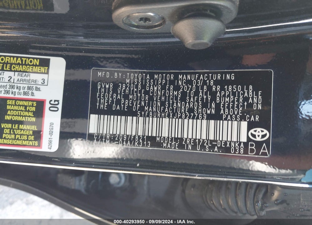 2018 TOYOTA COROLLA LE VIN: 5YFBURHEXJP827769
