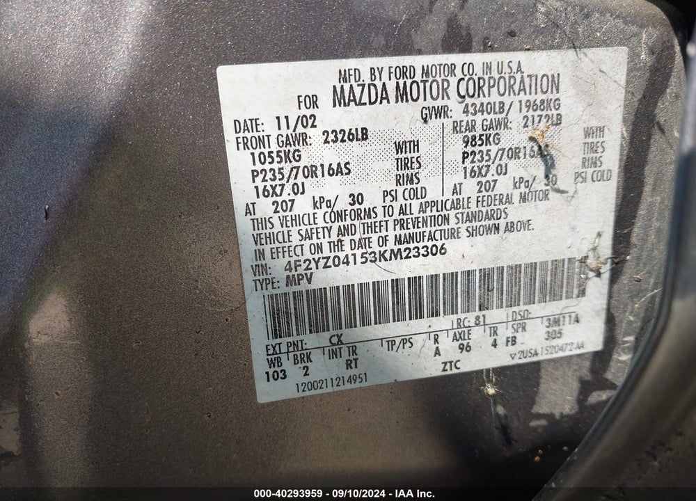 2003 MAZDA TRIBUTE LX V6 VIN: 4F2YZ04153KM23306