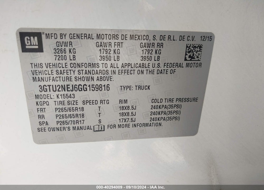 2016 GMC SIERRA 1500 SLT VIN: 3GTU2NEJ6GG159816