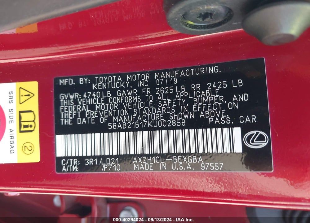 2019 LEXUS ES 300H VIN: 58AB21B17KU002858