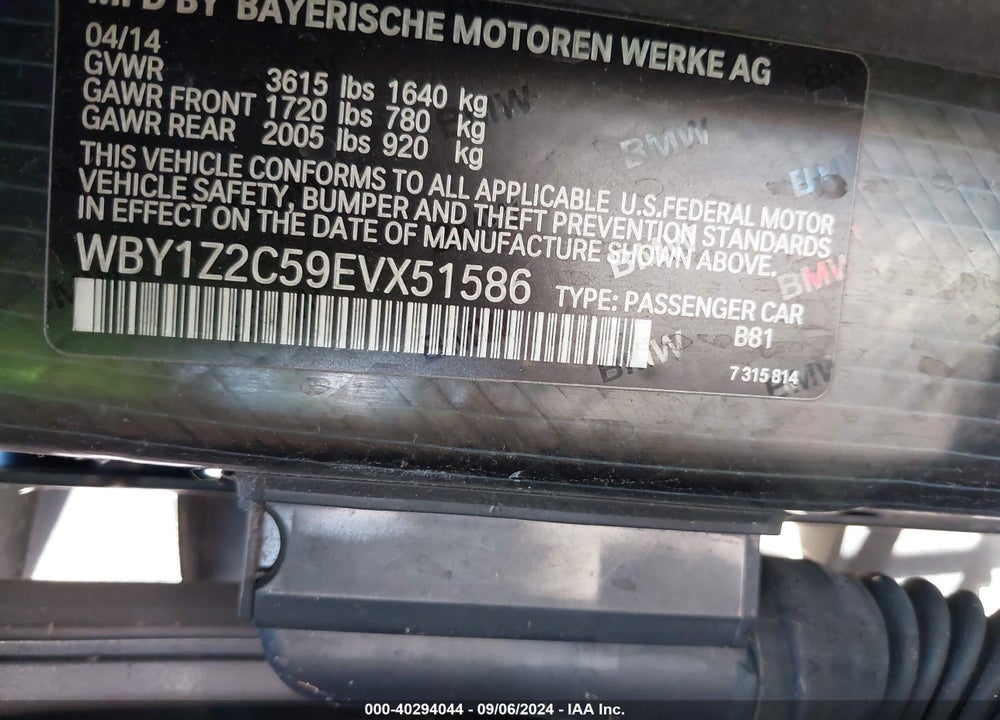 2014 BMW I3 VIN: WBY1Z2C59EVX51586