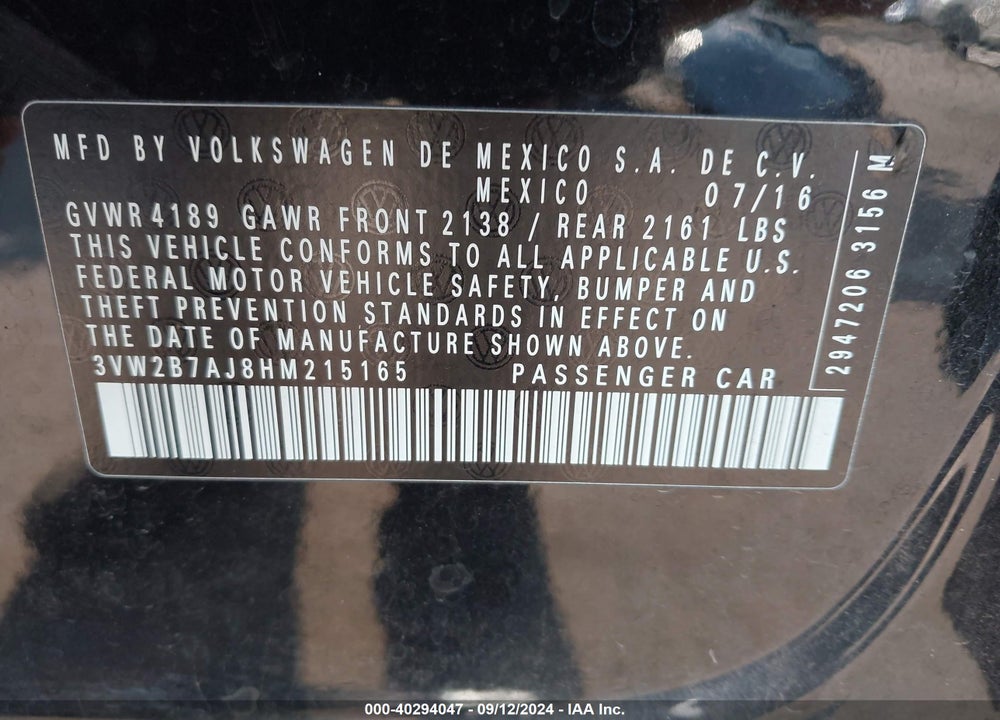 2017 VOLKSWAGEN JETTA 1.4T S VIN: 3VW2B7AJ8HM215165