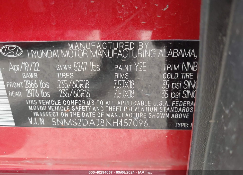 2022 HYUNDAI SANTA FE SEL VIN: 5NMS2DAJ8NH457096