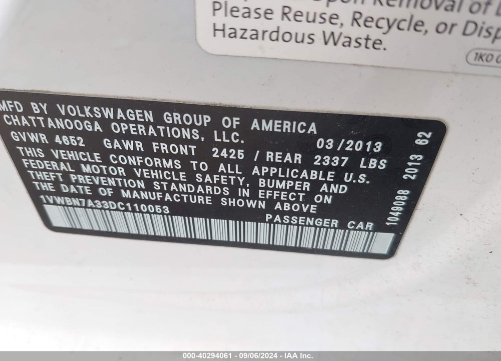 2013 VOLKSWAGEN PASSAT 2.0L TDI SE VIN: 1VWBN7A33DC110053