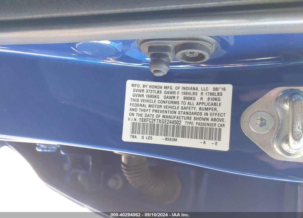 2016 HONDA CIVIC EX VIN: 19XFC2F7XGE244502