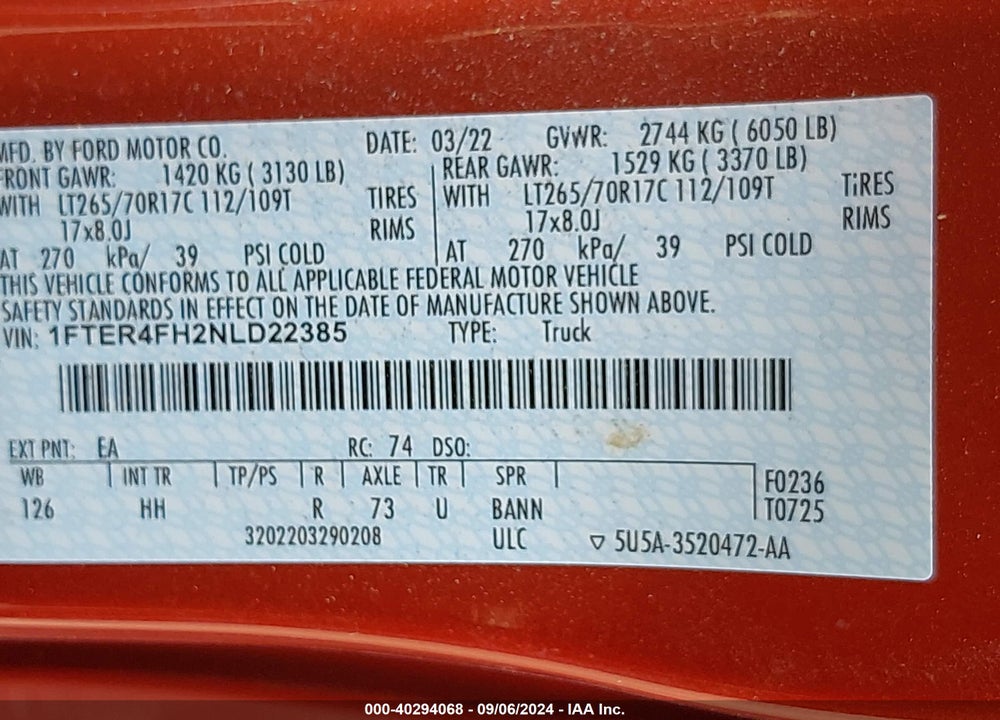 2022 FORD RANGER LARIAT VIN: 1FTER4FH2NLD22385