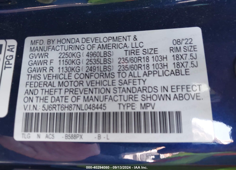2022 HONDA CR-V HYBRID EX-L VIN: 5J6RT6H87NL048445