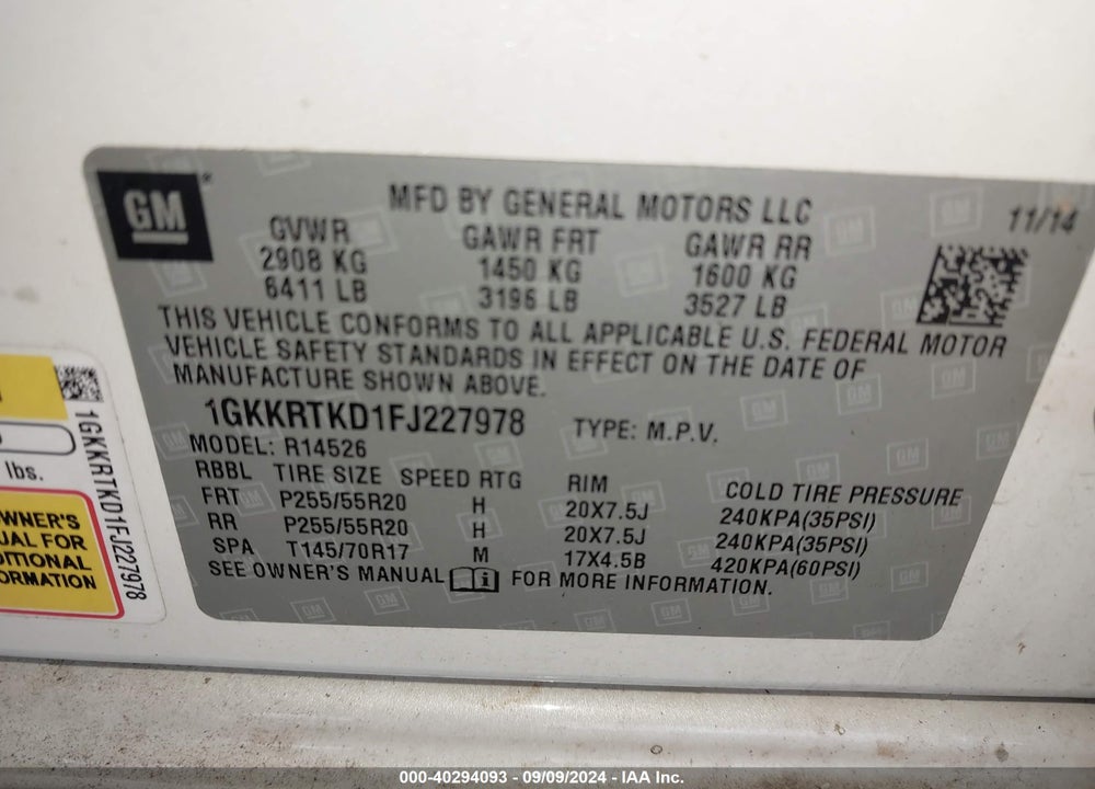 2015 GMC ACADIA DENALI VIN: 1GKKRTKD1FJ227978