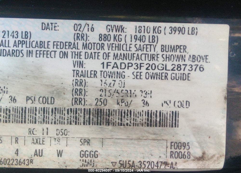 2016 FORD FOCUS SE VIN: 1FADP3F20GL287376