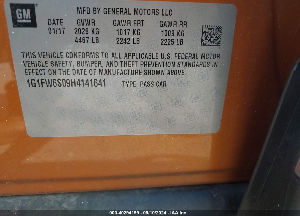 2017 CHEVROLET BOLT EV LT VIN: 1G1FW6S09H4141641